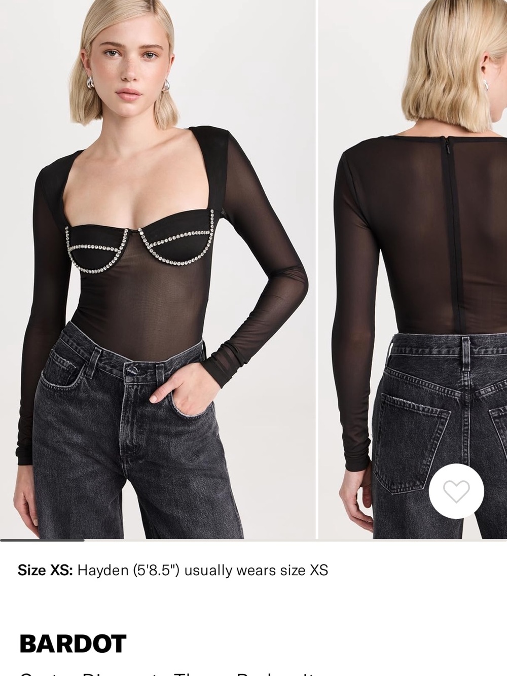 Bardot Carter diamante Black Sheer Long-Sleeve Bodysuit with Trim